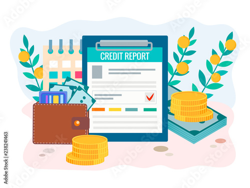 Credit report concept. Wallet with money, credit cards, credit report form and calendar.
