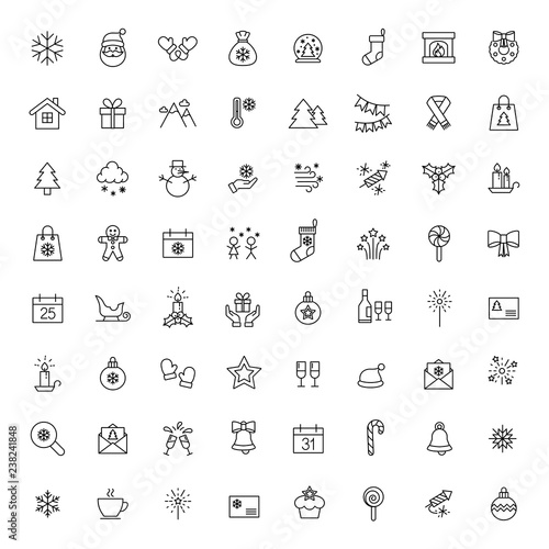 christmas xmas 100 new year winter celebration symbol vector outline line black on white background icons set