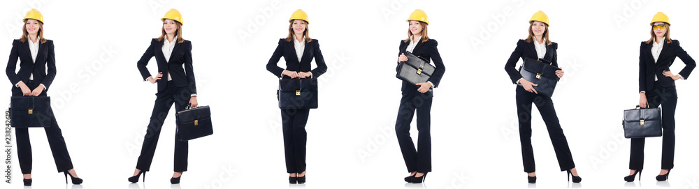 Female architect with bag isolated in white Female architect with bag isolated in white