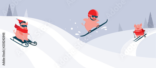 Funny cartoon pigs sliding ,skiing and snowboarding on a winter snowy background. Winter sport activity. Excellent for the design of postcards, posters, stickers and so on.