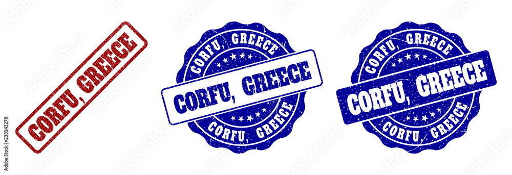 CORFU, GREECE grunge stamp seals in red and blue colors. Vector CORFU, GREECE watermarks with grunge effect. Graphic elements are rounded rectangles, rosettes, circles and text captions.