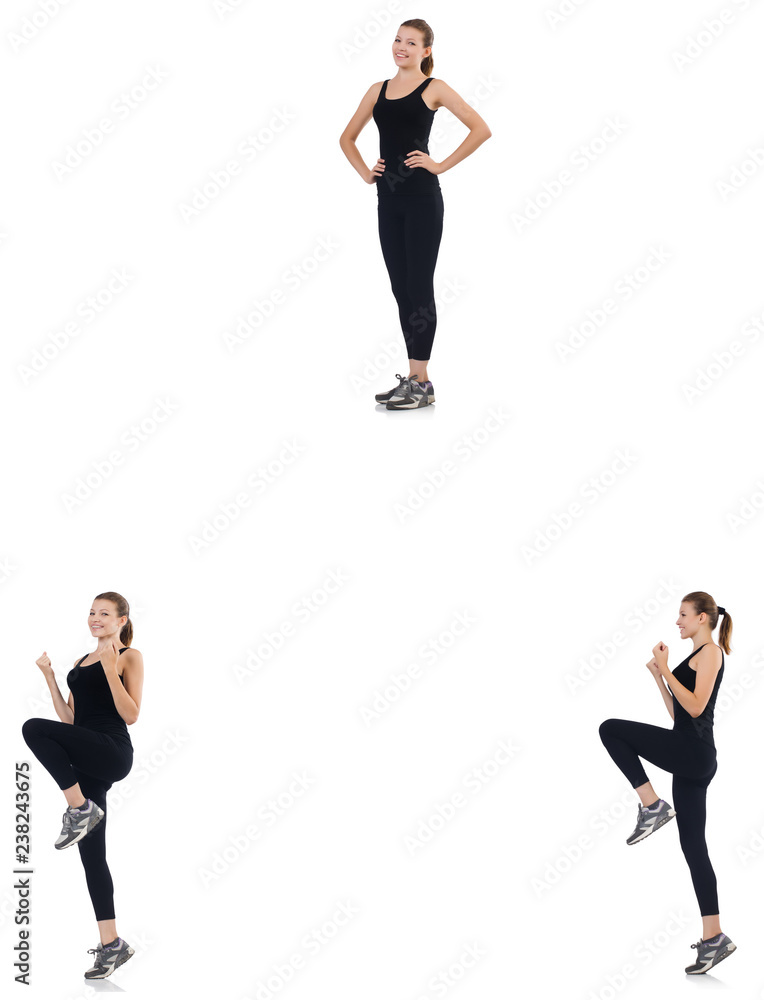 Young woman doing exercises isolated on white Young woman doing exercises isolated on white