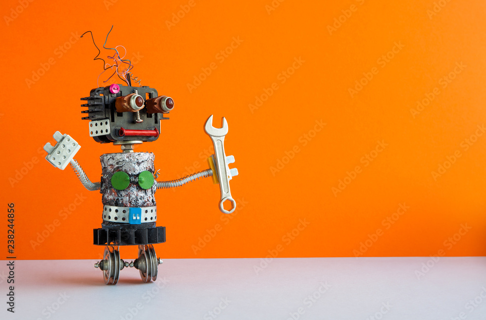 Robot handyman with hand wrench. Fixing maintenance concept. Creative  design mechanic two weels robotic character. Orange wall, gray floor  background. Copy space Stock Photo | Adobe Stock