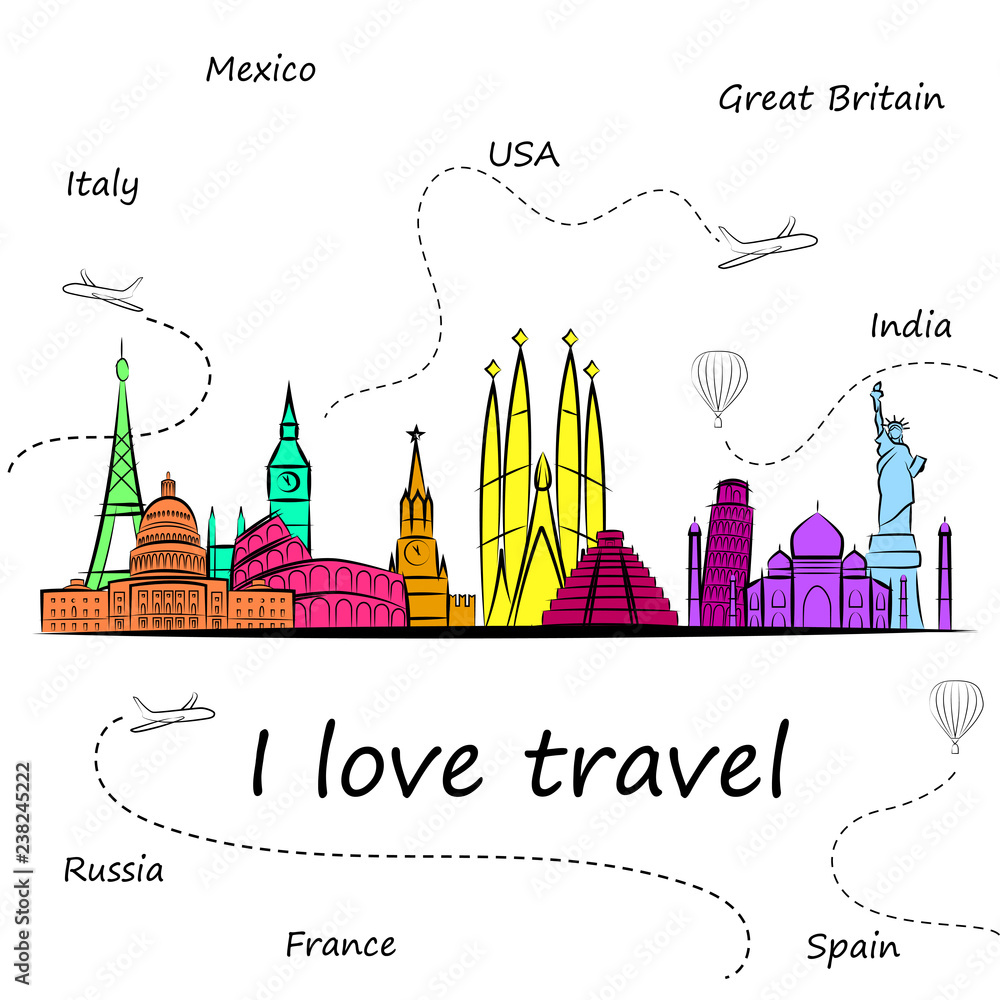 Naklejka premium World s most popular tourist sights. Tourism banner with quote