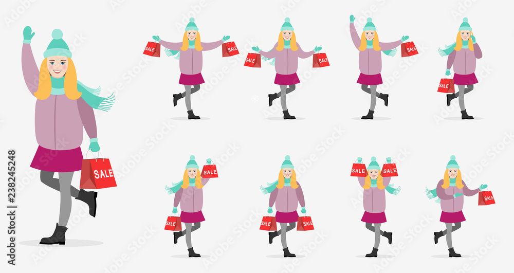 Character girl in winter clothes with shopping. Girl in various poses with shopping in her hands. Flat illustrations for design.