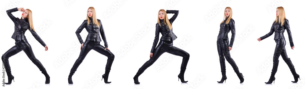 Dancing woman in black leather costume Dancing woman in black leather costume