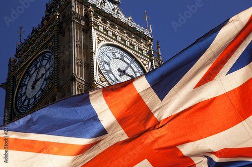 brexit concept - double exposure of flag and Westminster Palace with Big Ben photo