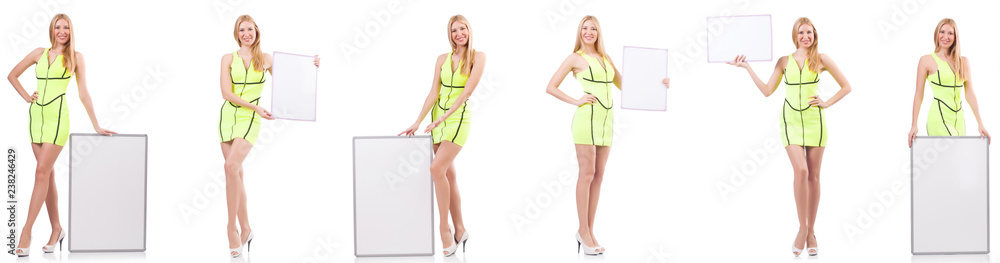 Beautiful woman holding whiteboard isolated on white Beautiful woman holding whiteboard isolated on white