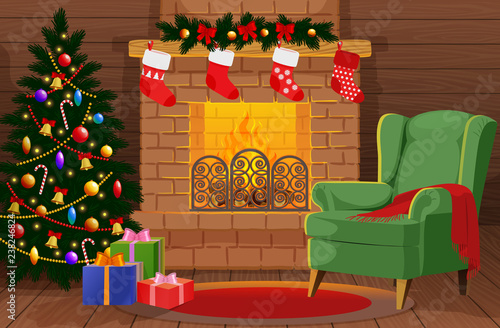 Decorated cozy Christmas room with xmas tree, colorful gift boxes with bows, bright fireplace with fire, comfortable armchair, winter holiday interior, vector illustration