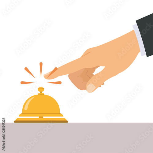 Receptionist concept. Hotel service bell, reception bell, hospital bell icon. Concierge, giving service. Hand touching hotel bell service. Vector illustration.