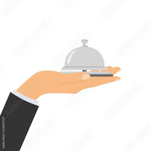 Receptionist concept. Hotel service bell, reception bell, hospital bell icon. Concierge, giving service. Hand touching hotel bell service. Vector illustration.