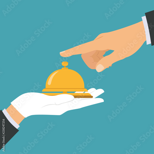 Receptionist concept. Hotel service bell, reception bell, hospital bell icon. Concierge, giving service. Hand touching hotel bell service. Vector illustration.