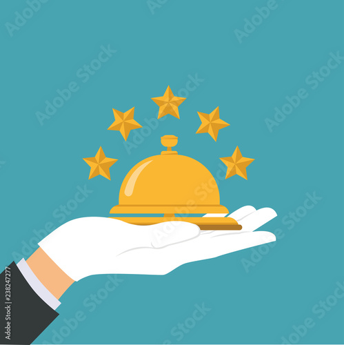 Receptionist concept. Hotel service bell, reception bell, hospital bell icon. Concierge, giving service. Hand touching hotel bell service. Vector illustration.