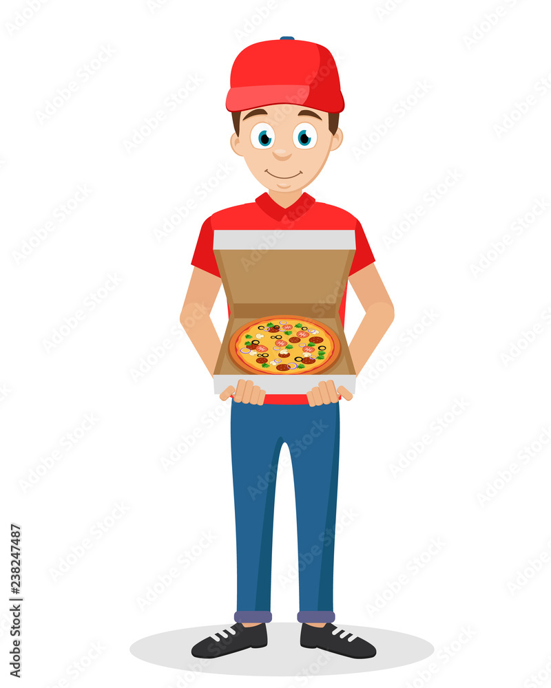 Pizza delivery by courier on a white background. Pizza delivery by courier on a white background.