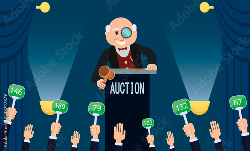 Auctioneer and Bidding. Vector Flat Illustration.