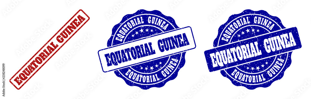 Fototapeta premium EQUATORIAL GUINEA grunge stamp seals in red and blue colors. Vector EQUATORIAL GUINEA labels with dirty texture. Graphic elements are rounded rectangles, rosettes, circles and text labels.