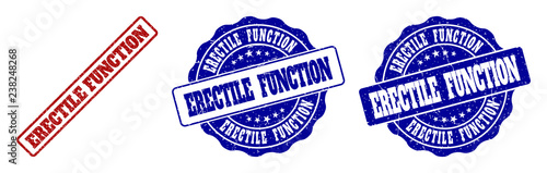 ERECTILE FUNCTION grunge stamp seals in red and blue colors. Vector ERECTILE FUNCTION labels with grunge style. Graphic elements are rounded rectangles, rosettes, circles and text labels.