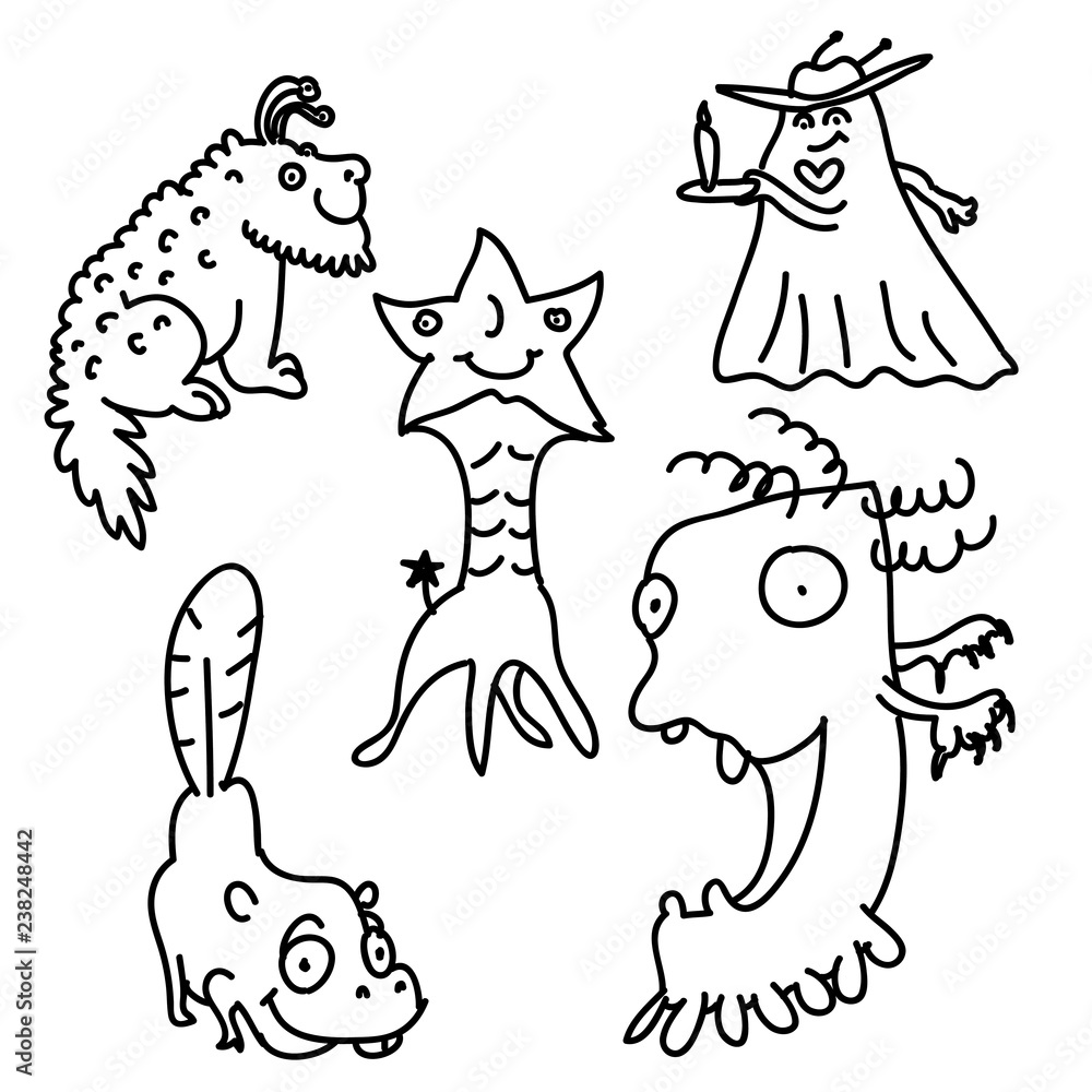 Fototapeta premium Cute monsters doodles set. Funny and cute monsters vector doodles. Funny monster illustration for kids, boys, girls. Vector lineart characters for pyjamas, textile, fabric 
