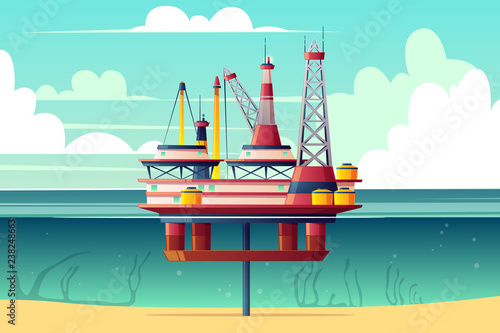Semi-submersible oil platform, sea-based offshore drilling rig cross section cartoon vector illustration. Oil, gas extraction on continental shelf. Petroleum industry technologies. Deep-sea drilling
