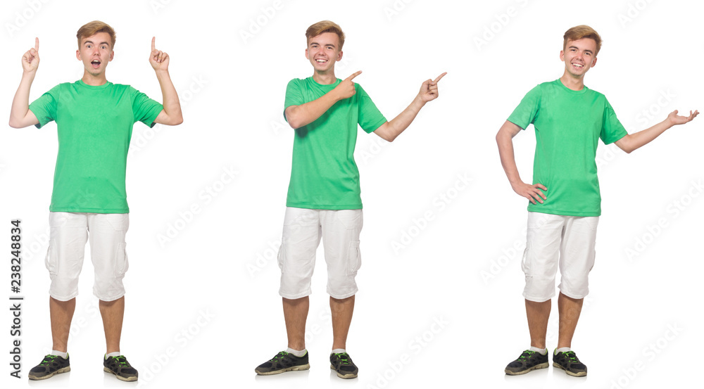 Fototapeta premium Young boy in green t-shirt isolated on white