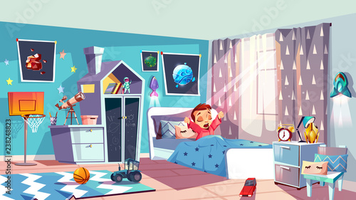 Child bedroom interior cartoon vector with furniture, telescope, toys on floor, planets pictures on walls and little kid in bed yawning and stretching after waking up in morning. Young space explorer