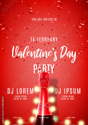 Happy Valentine's Day holiday party flyer. Vector illustration with top view on realistic bottle of champagne, garland, red serpentine and confetti. Invitation to nightclub.