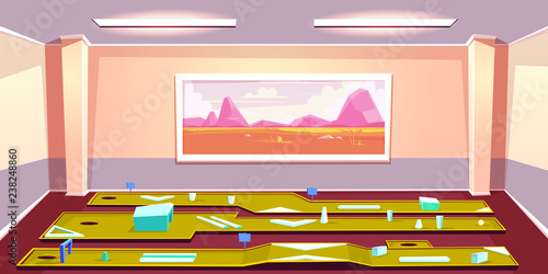 Mini golf indoor club cartoon vector. Various putting lines with obstacles and hole in spacious room illustration. Active sport games, entertainment with golf play practicing at home or office concept