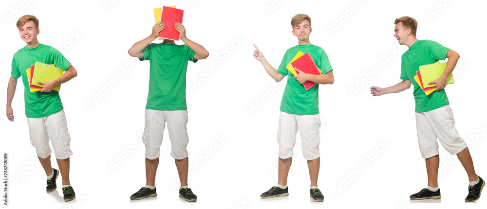 Young student with notes isolated on white Young student with notes isolated on white