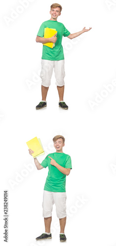 Young student with notes isolated on white 