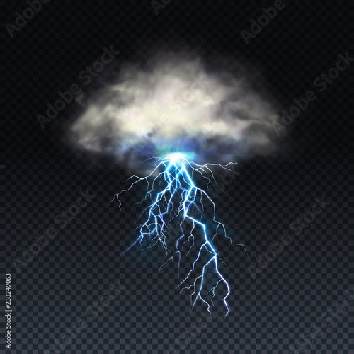 Vector realistic lightning with grey cloud isolated on transparent background. Natural light effect from the sky, bright glowing. Magic blue thunderstorm, design element. Electric charge, stormy spark