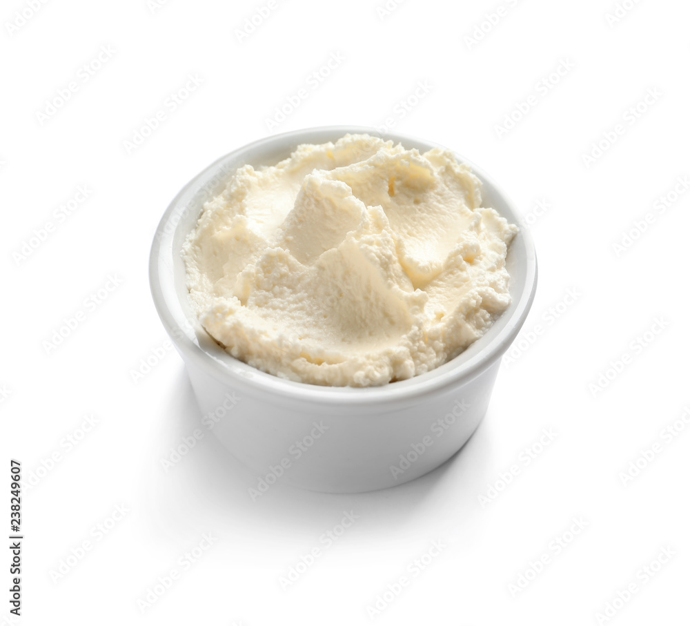 Bowl of tasty cream cheese on white background Bowl of tasty cream cheese on white background