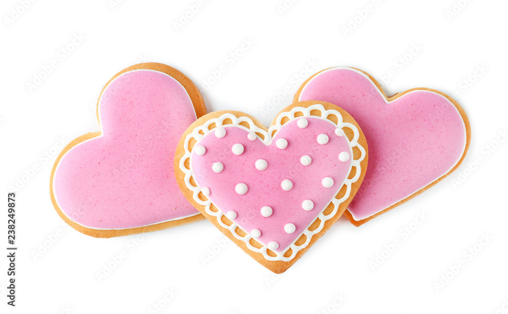Decorated heart shaped cookies on white background, top view Decorated heart shaped cookies on white background, top view