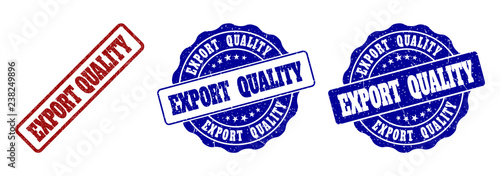 EXPORT QUALITY scratched stamp seals in red and blue colors. Vector EXPORT QUALITY overlays with grainy texture. Graphic elements are rounded rectangles, rosettes, circles and text labels.