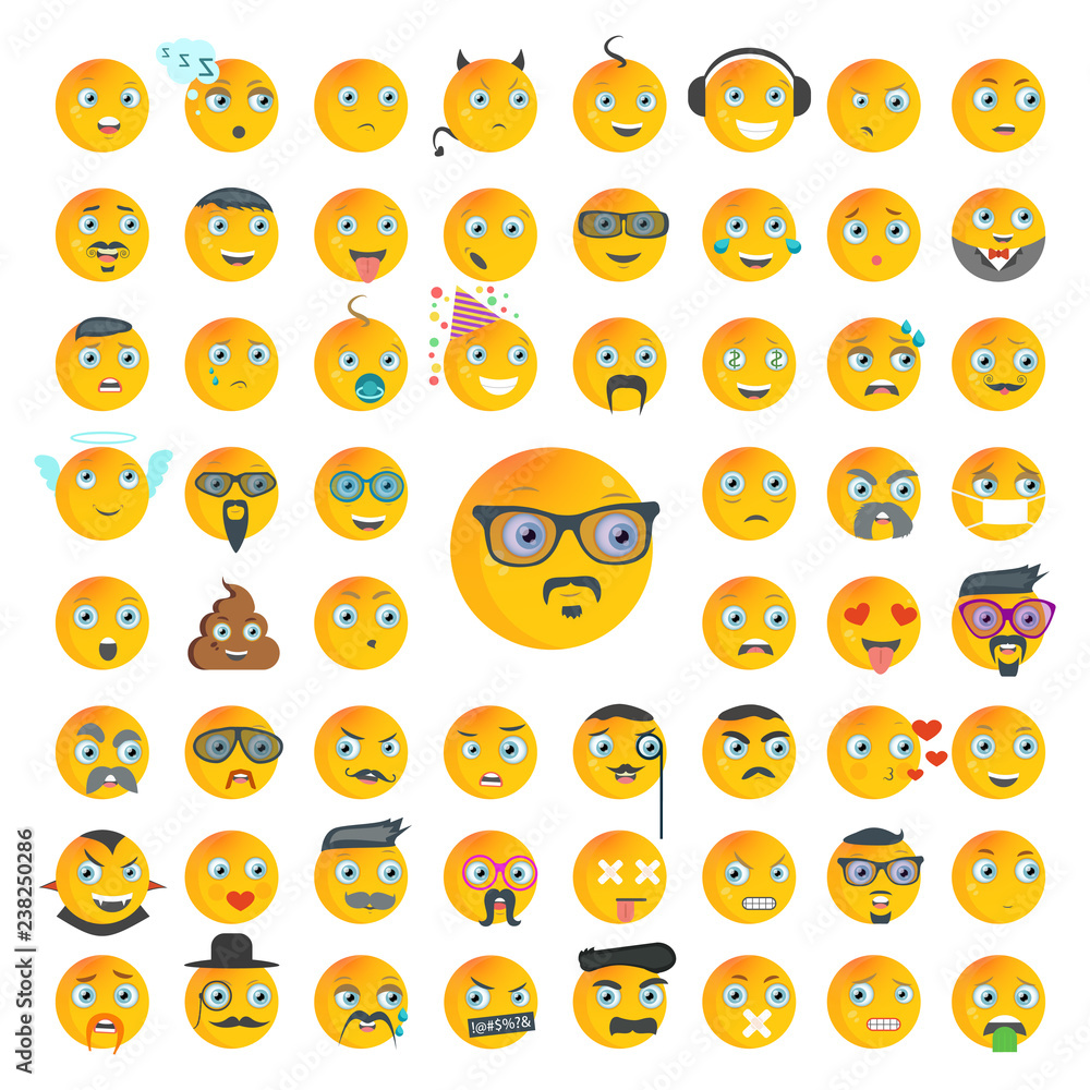 Set of emotions, faces with different facial expressions. Icon collection emoji. Modern cartoon vector illustration in a flat style isolated on white background for labels, web, mobile app. Set of emotions, faces with different facial expressions. Icon collection emoji. Modern cartoon vector illustration in a flat style isolated on white background for labels, web, mobile app.
