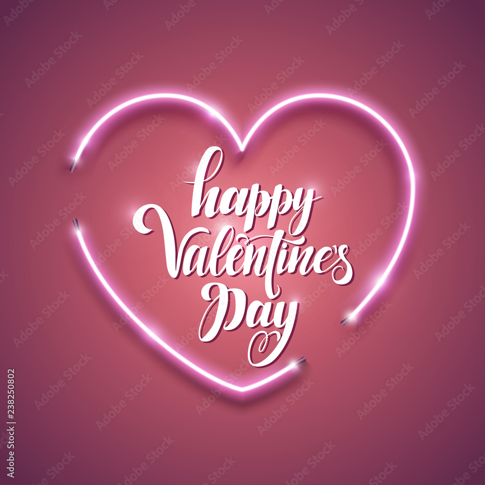 Happy Valentine's Day inscription. Hand lettering card. Modern calligraphy. Vector neon sign. Abstract pink background with bright neon heart. 