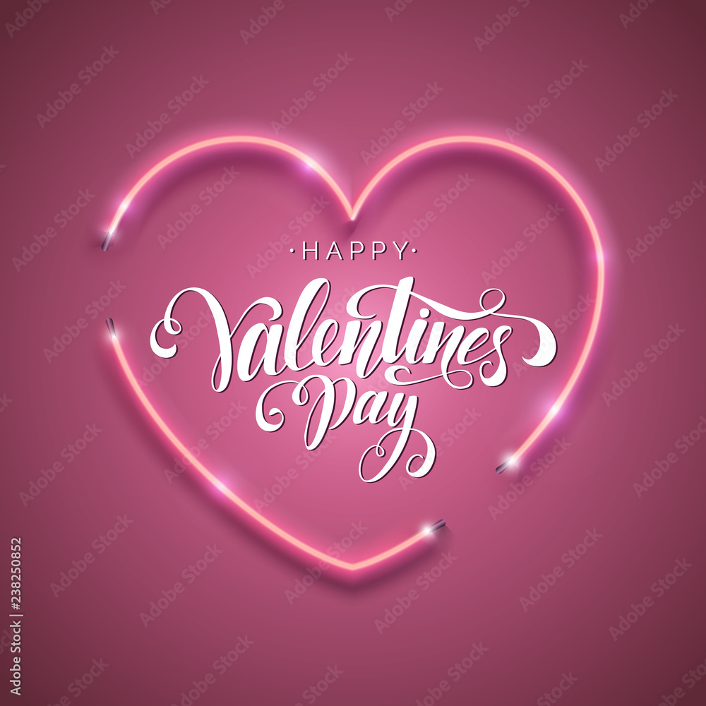Happy Valentine's Day inscription. Hand lettering card. Modern calligraphy for Valentine's Day. Vector neon sign. Abstract background with bright pink neon heart. Happy Valentine's Day inscription. Hand lettering card. Modern calligraphy for Valentine's Day. Vector neon sign. Abstract background with bright pink neon heart.