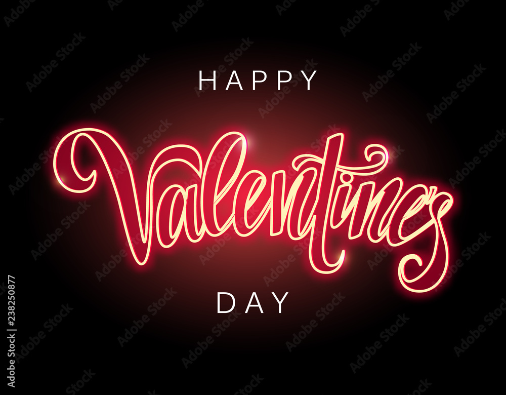 Happy Valentine's day glowing script lettering inscription, vector neon sign. Valentine's day neon sign for greeting card, poster.