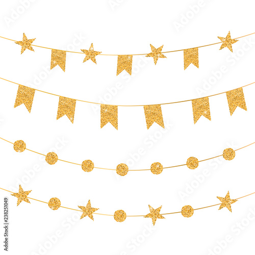 Holiday gold vector garland set isolated on white. Sparkling glitter ornaments on a string. Shiny derorative golden garlands with stars, circles and flags for christmas card, paty poster, banner.