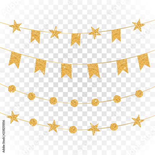 Holiday gold vector garland set on transparent background. Sparkling glitter ornaments on a string. Shiny derorative golden garlands with stars, circles and flags for christmas card, banner, poster.