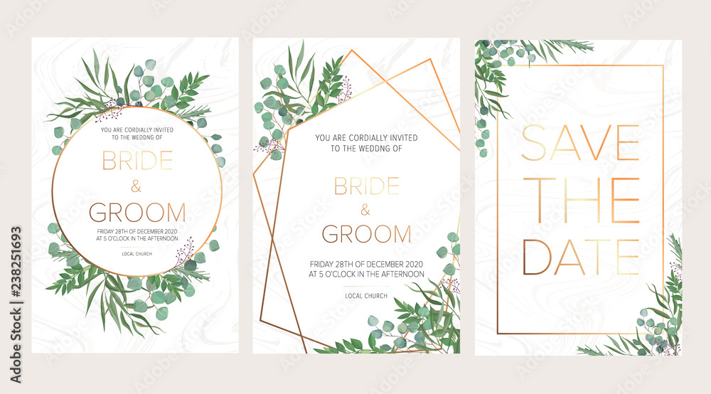 Wedding floral invitation, thank you modern card: rosemary, eucalyptus branches on white marble texture with a golden geometric pattern. Elegant rustic template. All elements are isolated and editable