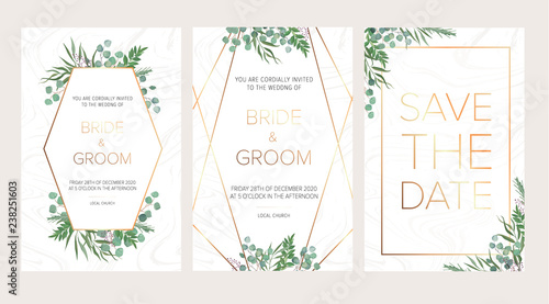 Wedding floral invitation, thank you modern card: rosemary, eucalyptus branches on white marble texture with a golden geometric pattern. Elegant rustic template. All elements are isolated and editable