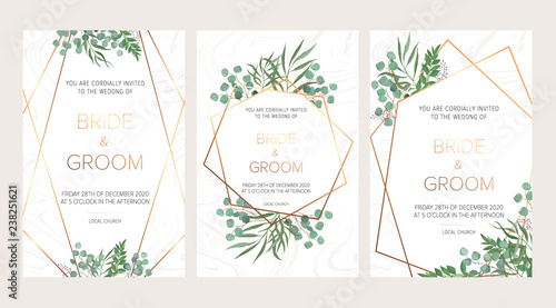 Wedding floral invitation, thank you modern card: rosemary, eucalyptus branches on white marble texture with a golden geometric pattern. Elegant rustic template. All elements are isolated and editable