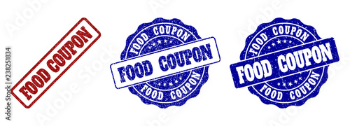 FOOD COUPON grunge stamp seals in red and blue colors. Vector FOOD COUPON overlays with draft style. Graphic elements are rounded rectangles, rosettes, circles and text labels.