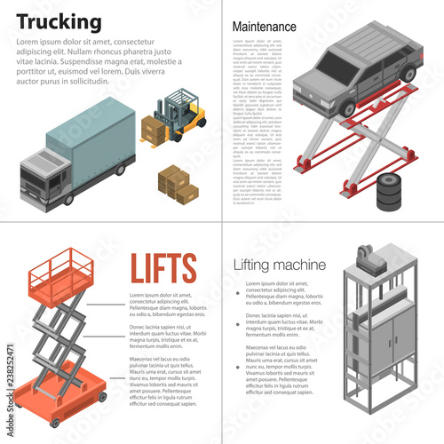 Lifting machine banner set. Isometric set of lifting machine vector banner for web design