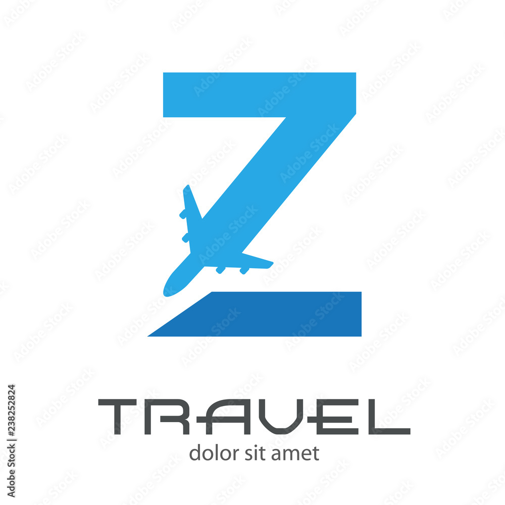Logotipo TRAVEL con letra Z con avión en dos tonos de azul