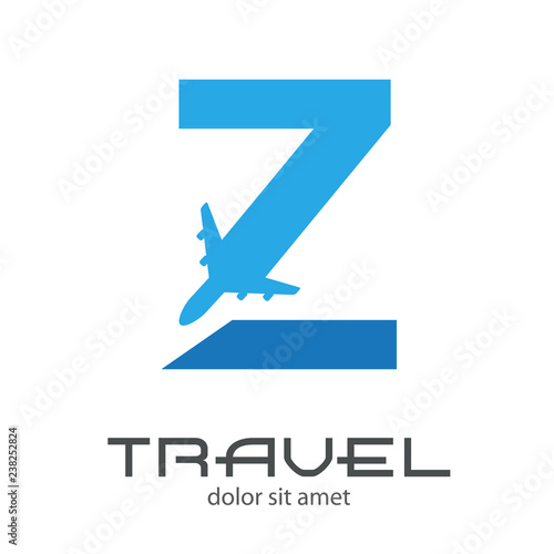 Logotipo TRAVEL con letra Z con avión en dos tonos de azul