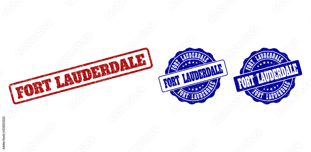 FORT LAUDERDALE grunge stamp seals in red and blue colors. Vector FORT LAUDERDALE watermarks with grunge surface. Graphic elements are rounded rectangles, rosettes, circles and text captions.