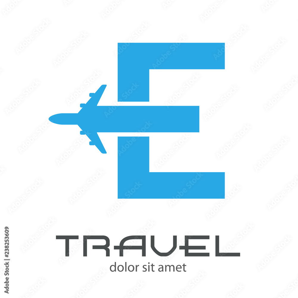 Logotipo TRAVEL con letra E con avión color azul Logotipo TRAVEL con letra E con avión color azul