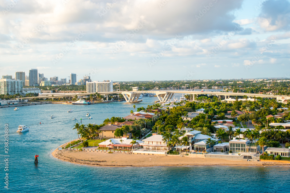 Ft Lauderdale landscape with small beach and bridge at Port Everglades.