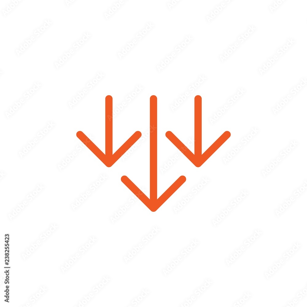three red thin arrows down icon. download sign. Fall, decrease symbol three red thin arrows down icon. download sign. Fall, decrease symbol
